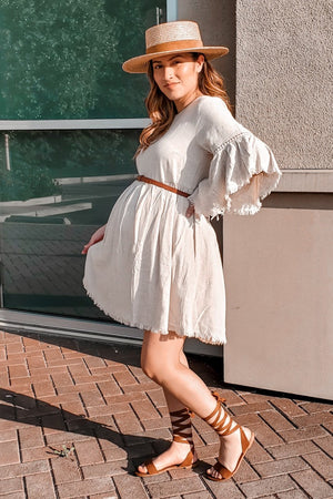 Beige Raw Edge Bell Sleeve Babydoll Maternity Dress
