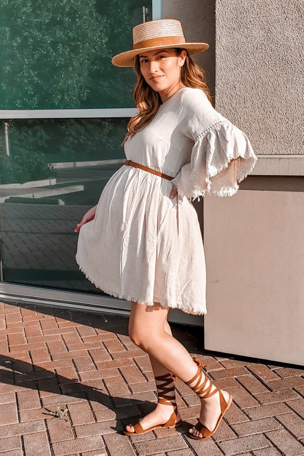 Beige Raw Edge Bell Sleeve Babydoll Maternity Dress