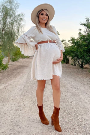 Beige Raw Edge Bell Sleeve Babydoll Maternity Dress