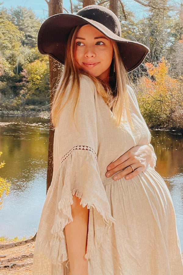 Beige Raw Edge Bell Sleeve Babydoll Maternity Dress