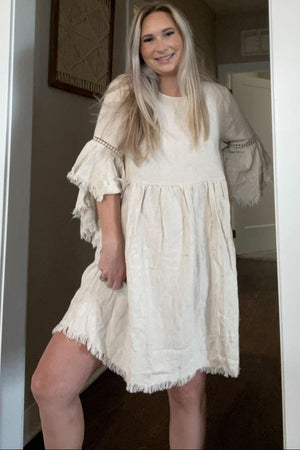 Beige Raw Edge Bell Sleeve Babydoll Dress