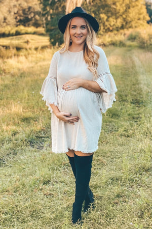 Beige Raw Edge Bell Sleeve Babydoll Maternity Dress