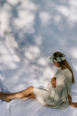 Beige Raw Edge Bell Sleeve Babydoll Maternity Dress