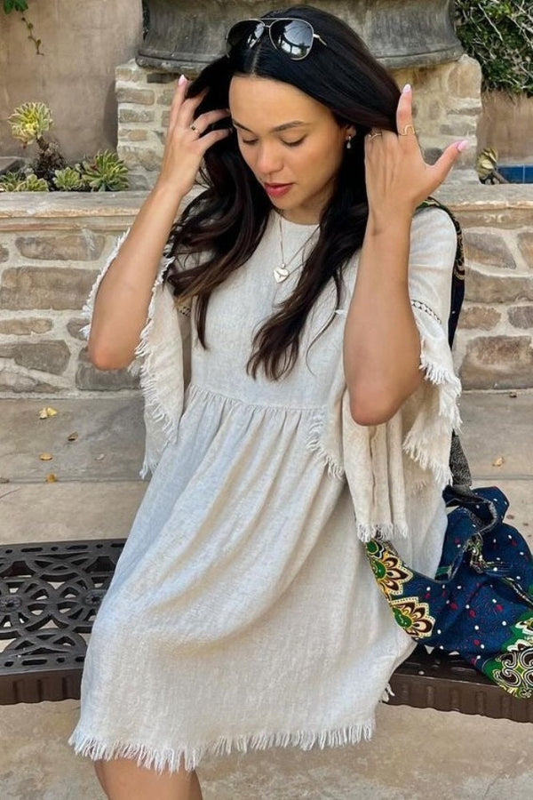 Beige Raw Edge Bell Sleeve Babydoll Dress