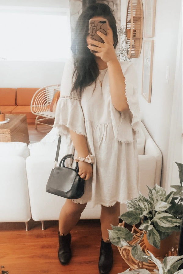 Beige Raw Edge Bell Sleeve Babydoll Dress