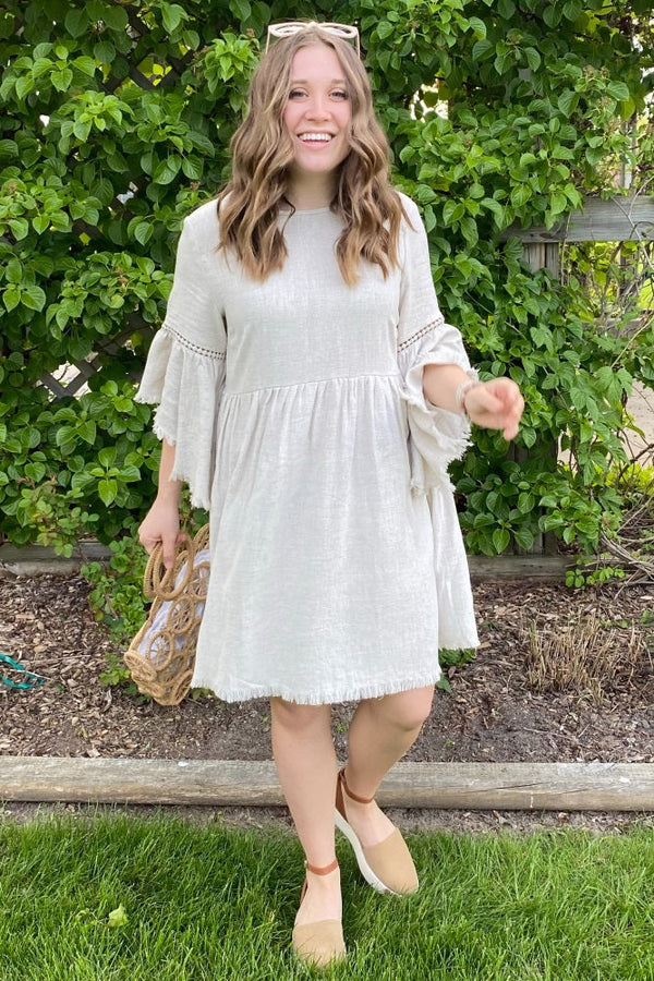 Beige Raw Edge Bell Sleeve Babydoll Dress