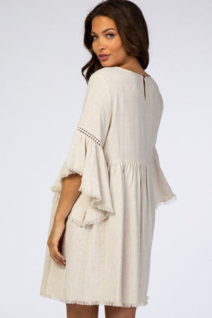 Beige Raw Edge Bell Sleeve Babydoll Maternity Dress