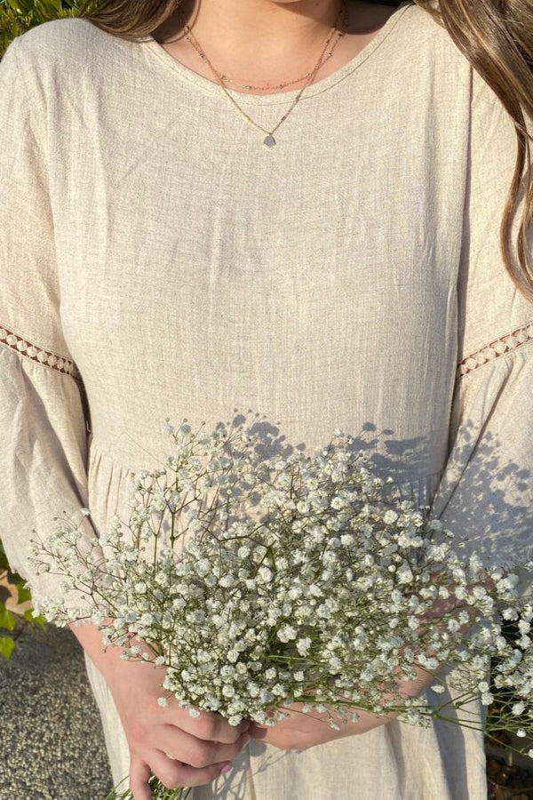 Beige Raw Edge Bell Sleeve Babydoll Dress