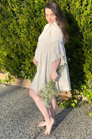 Beige Raw Edge Bell Sleeve Babydoll Maternity Dress