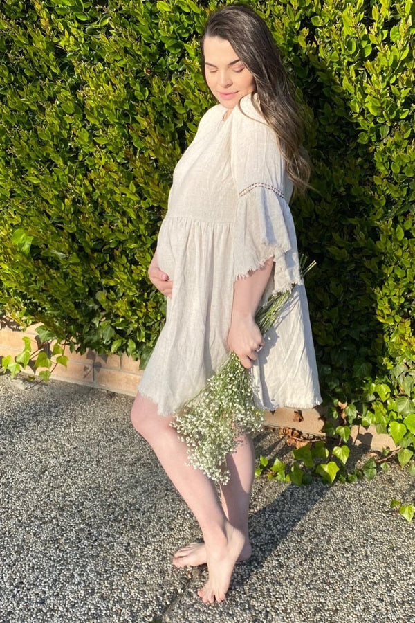 Beige Raw Edge Bell Sleeve Babydoll Maternity Dress