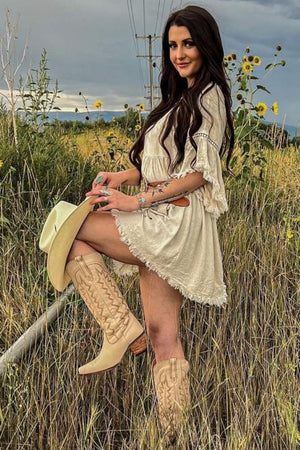 Beige Raw Edge Bell Sleeve Babydoll Dress