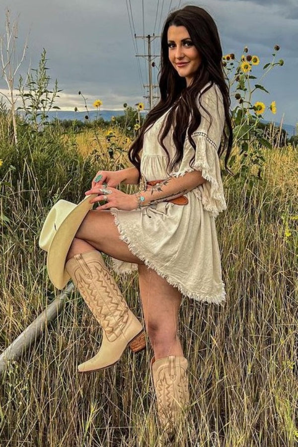 Beige Raw Edge Bell Sleeve Babydoll Dress