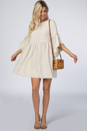 Beige Raw Edge Bell Sleeve Babydoll Dress