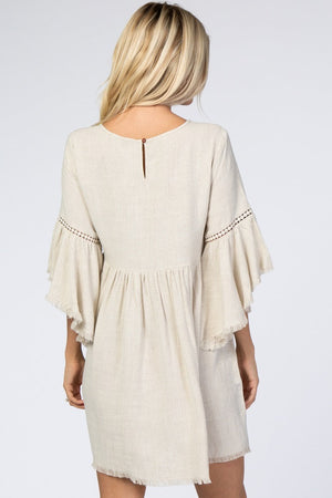 Beige Raw Edge Bell Sleeve Babydoll Dress