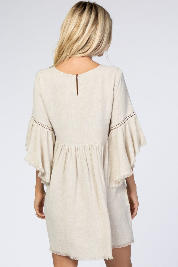 Beige Raw Edge Bell Sleeve Babydoll Dress