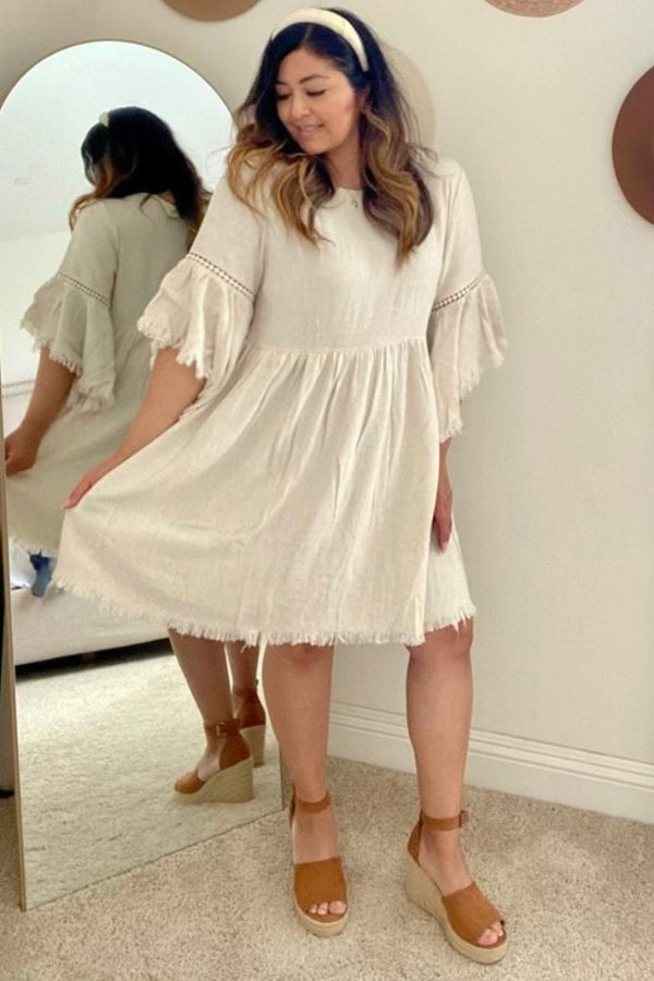 Beige Raw Edge Bell Sleeve Babydoll Dress