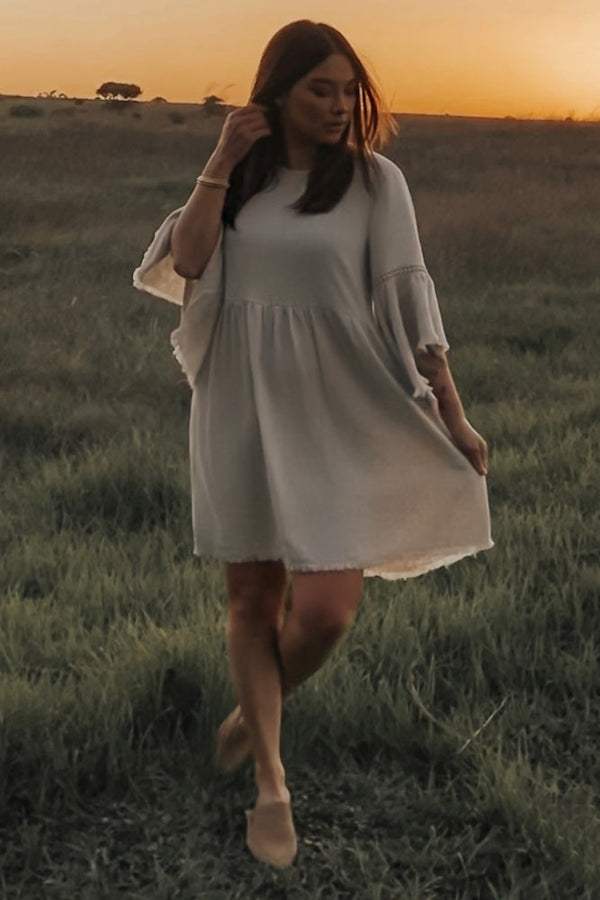 Beige Raw Edge Bell Sleeve Babydoll Dress