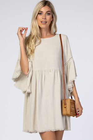 Beige Raw Edge Bell Sleeve Babydoll Dress