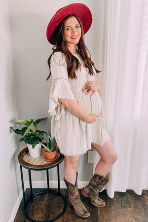 Beige Raw Edge Bell Sleeve Babydoll Maternity Dress