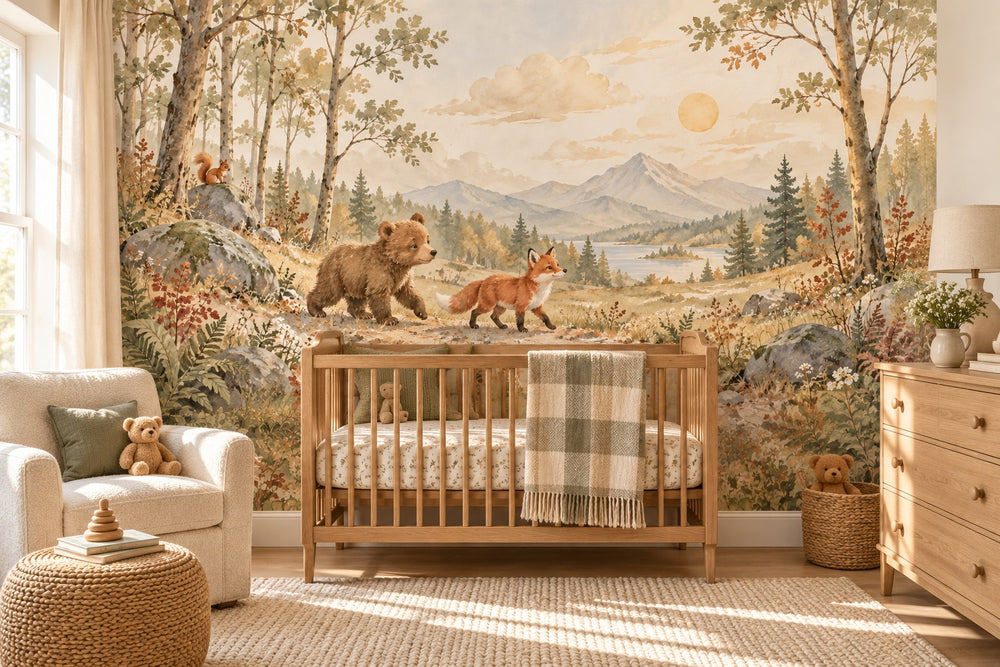 Watercolor Bear and Fox Walk Wall Mural, image 1