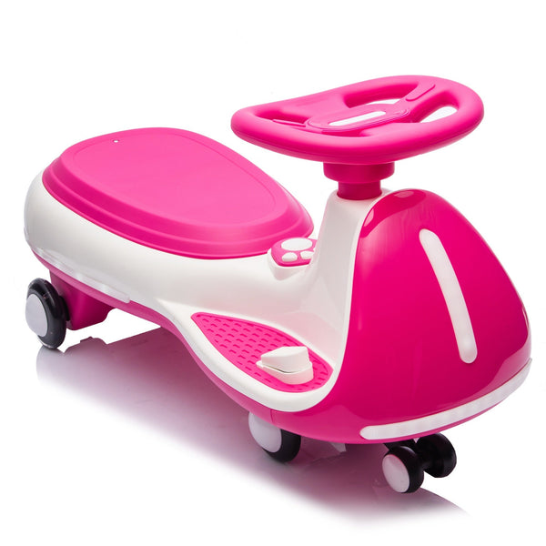 12V Electric Wiggle Ride On Car with dual motors and LED lights, angled view showcasing fun design for kids.