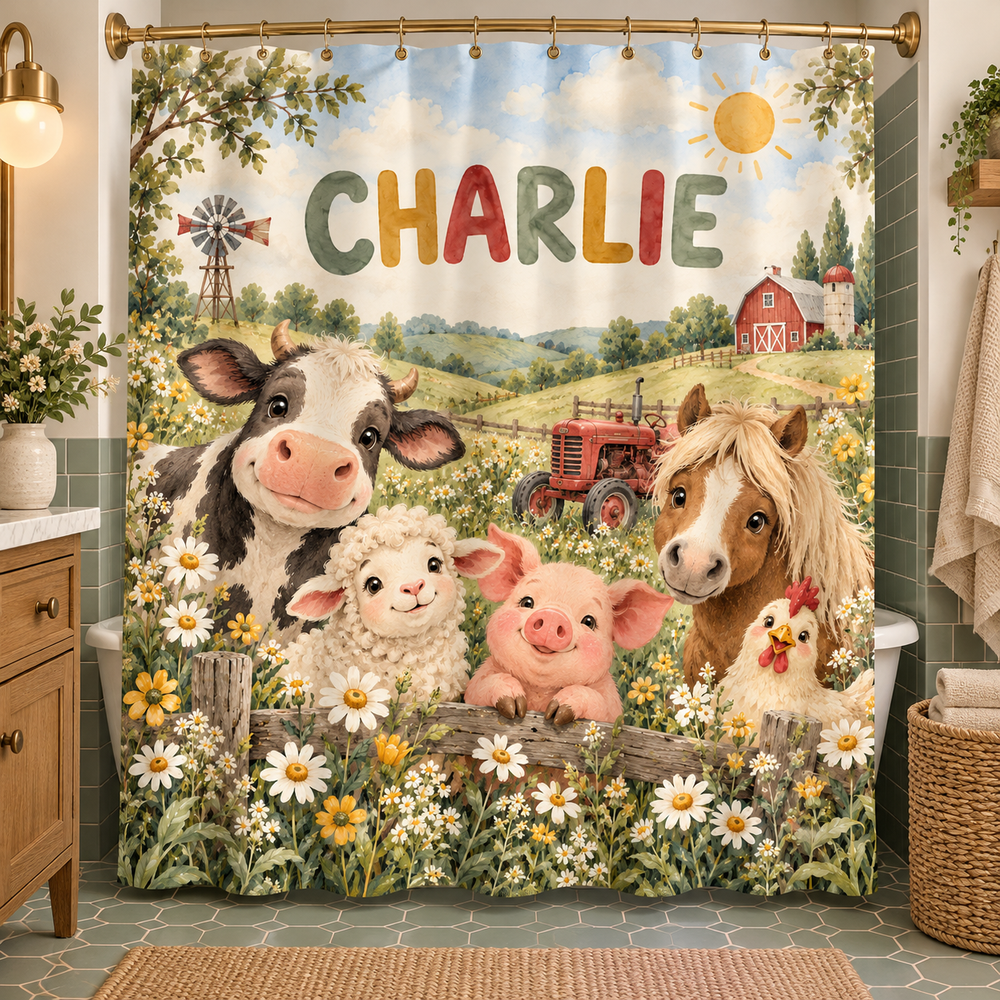 Personalized farm animals kids shower curtain with the name Charlie