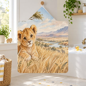 Lion Cub Safari kids hooded bath towel hanging in a kids bathroom