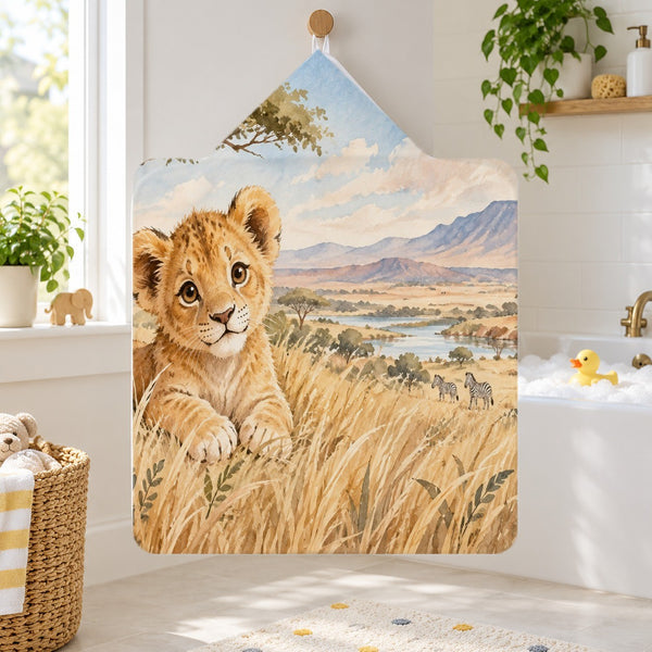 Lion Cub Safari kids hooded bath towel hanging in a kids bathroom