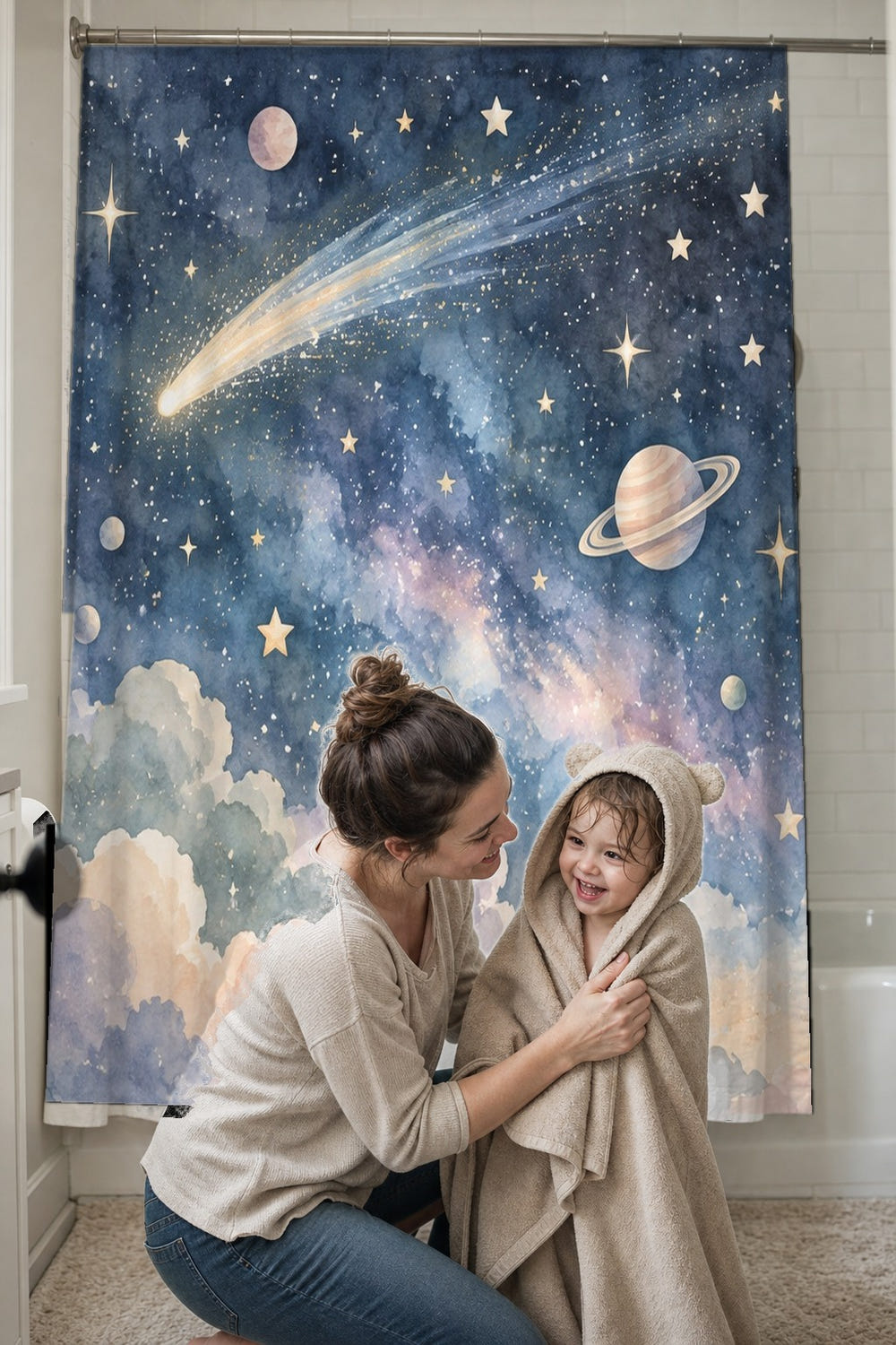 Comet Night shower curtain, full front view of the 71 x 74 in fabric curtain