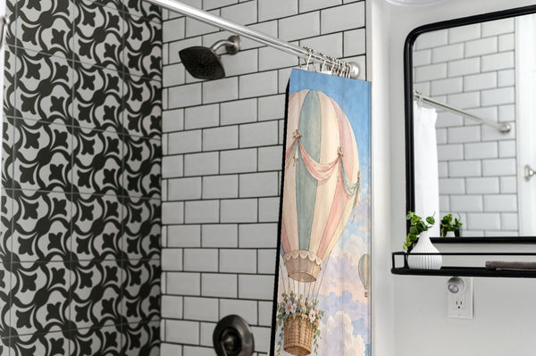 Dreamy Clouds Hot Air Balloon shower curtain in a modern farmhouse bathroom with subway tile