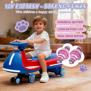 12V Electric Wiggle Ride On Car with dual motors and LED lights, angled view showcasing vibrant design and features.