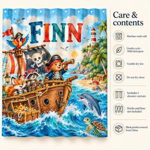 Care and contents of the Pirate Adventure personalized kids shower curtain