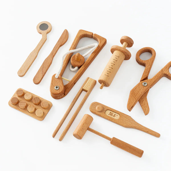 Wooden Doctor Pretend Play Set - Montessori medical tools for kids, perfect for imaginative play and learning.