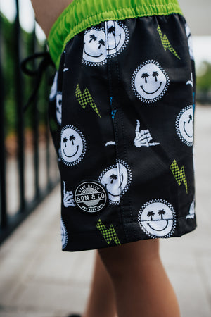 Sunshine State of Mind Swim Trunks for babies, vibrant design, perfect for summer fun and beach days.