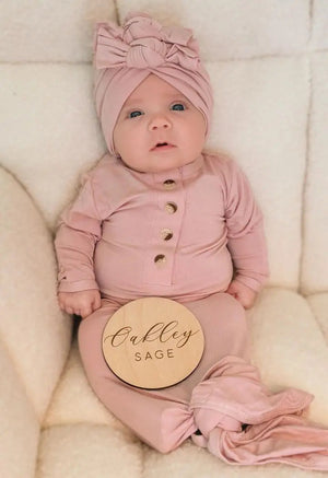 Newborn Knotted Gown and 3 Bow Turban Hat - Dusty Rose