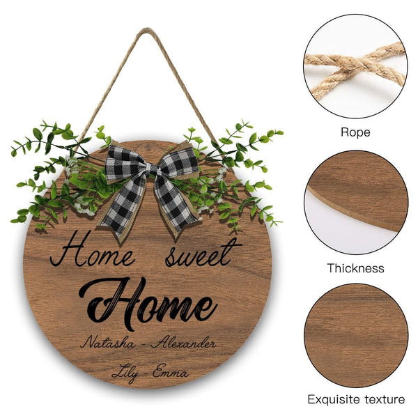 Home Sweet Home Round Wooden Sign — Personalized with Your Names - With Linen Lanyard, Bow & Branch