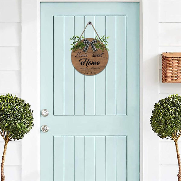 Home Sweet Home Round Wooden Sign — Personalized with Your Names - With Linen Lanyard, Bow & Branch