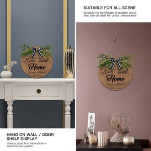 Home Sweet Home Round Wooden Sign — Personalized with Your Names - With Linen Lanyard, Bow & Branch