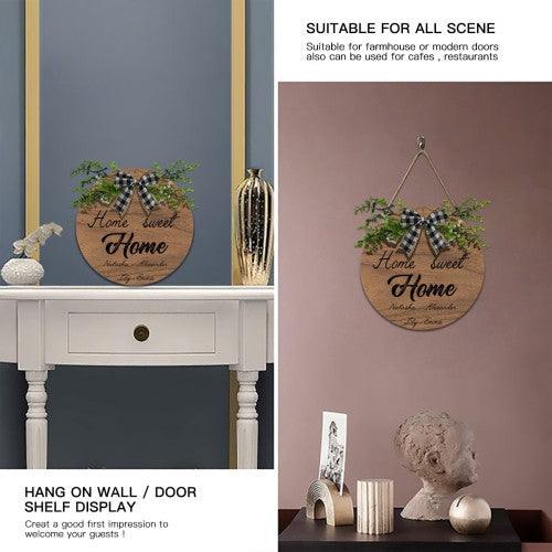 Home Sweet Home Round Wooden Sign — Personalized with Your Names - With Linen Lanyard, Bow & Branch