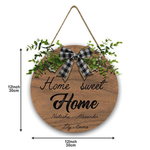 Home Sweet Home Round Wooden Sign — Personalized with Your Names - With Linen Lanyard, Bow & Branch