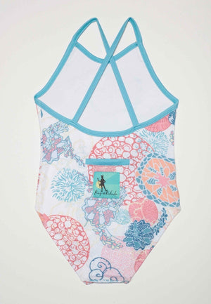 Ayla Full Piece Suit in Coral for babies, showcasing a stylish one-piece swim design from angle 2.