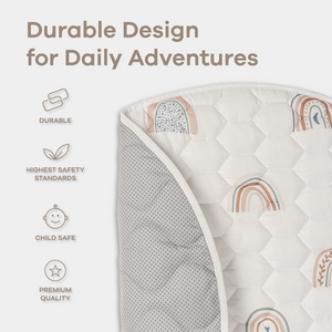 Rainbow play mat with non-slip bottom, angled view showcasing vibrant colors and safe design for babies.
