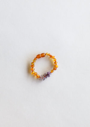 Raw Honey Baltic Amber and Raw Amethyst kids necklace set, angle 2 view, perfect for stylish and natural baby accessories.