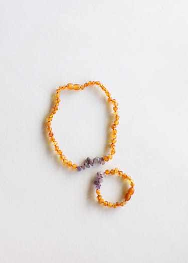Raw Honey Baltic Amber and Amethyst Kids Necklace Set for babies and toddlers.