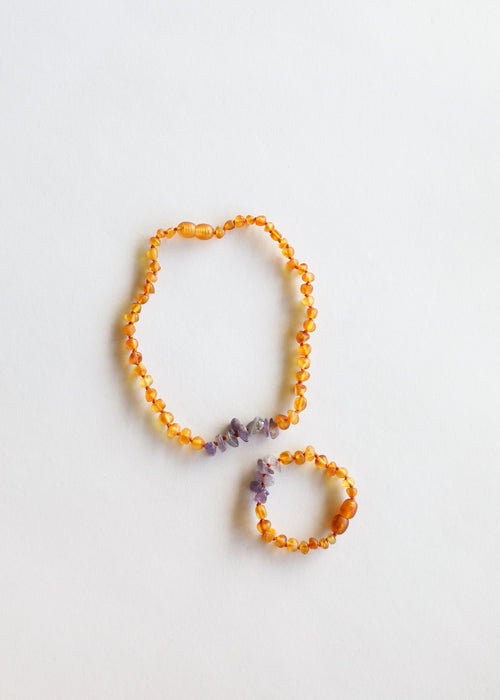 Raw Honey Baltic Amber and Amethyst Kids Necklace Set for babies and toddlers.