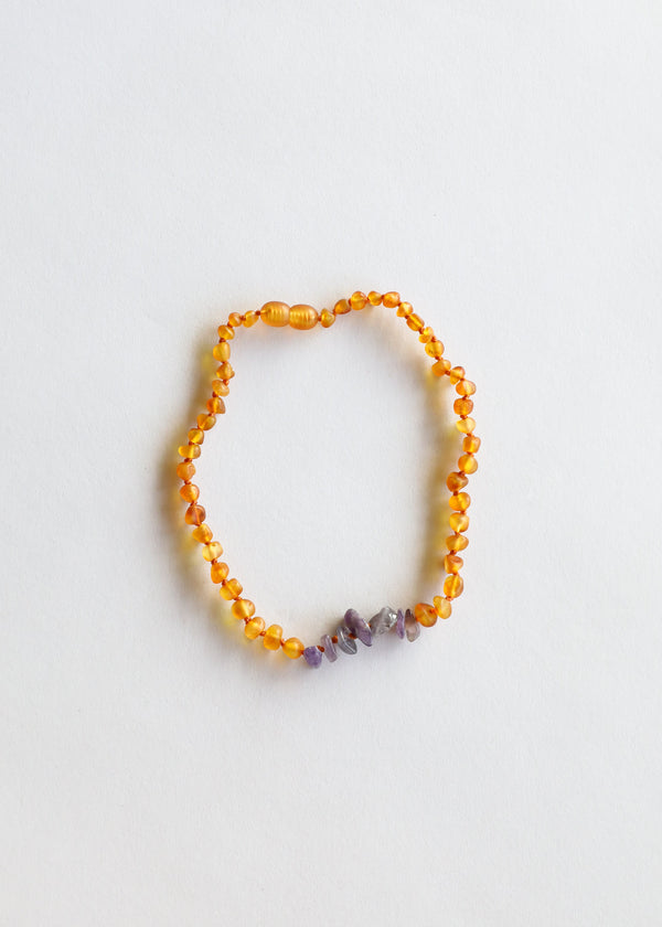Raw Honey Baltic Amber and Amethyst Kids Necklace Set, angle 3 view, perfect for stylish and natural baby accessories.