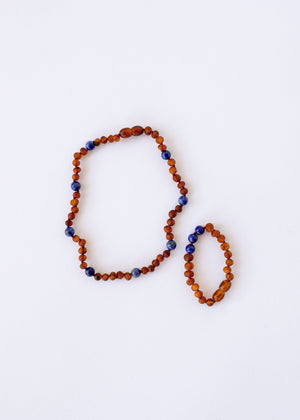 Raw Cognac Baltic Amber + Lapis Lazuli || Halo Necklace || Kids Set