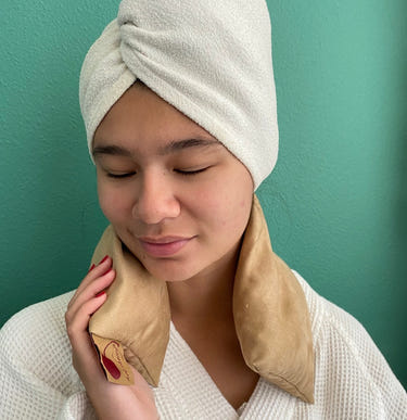 Hot Cherry Neck Wrap in Plush Tan Ultra-suede - Comfortable baby pillow for soothing warmth and relaxation.