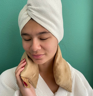 Hot Cherry Neck Wrap in Plush Tan Ultra-suede