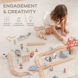 Colorful 100-piece wooden train set for toddlers, perfect for imaginative play and learning.